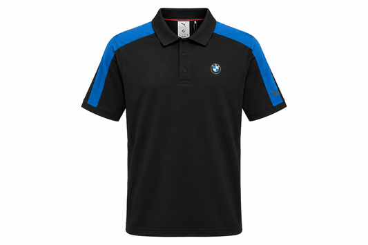 Camisa Polo BMW Blocked Masculina Preta e Azul Tamanho M